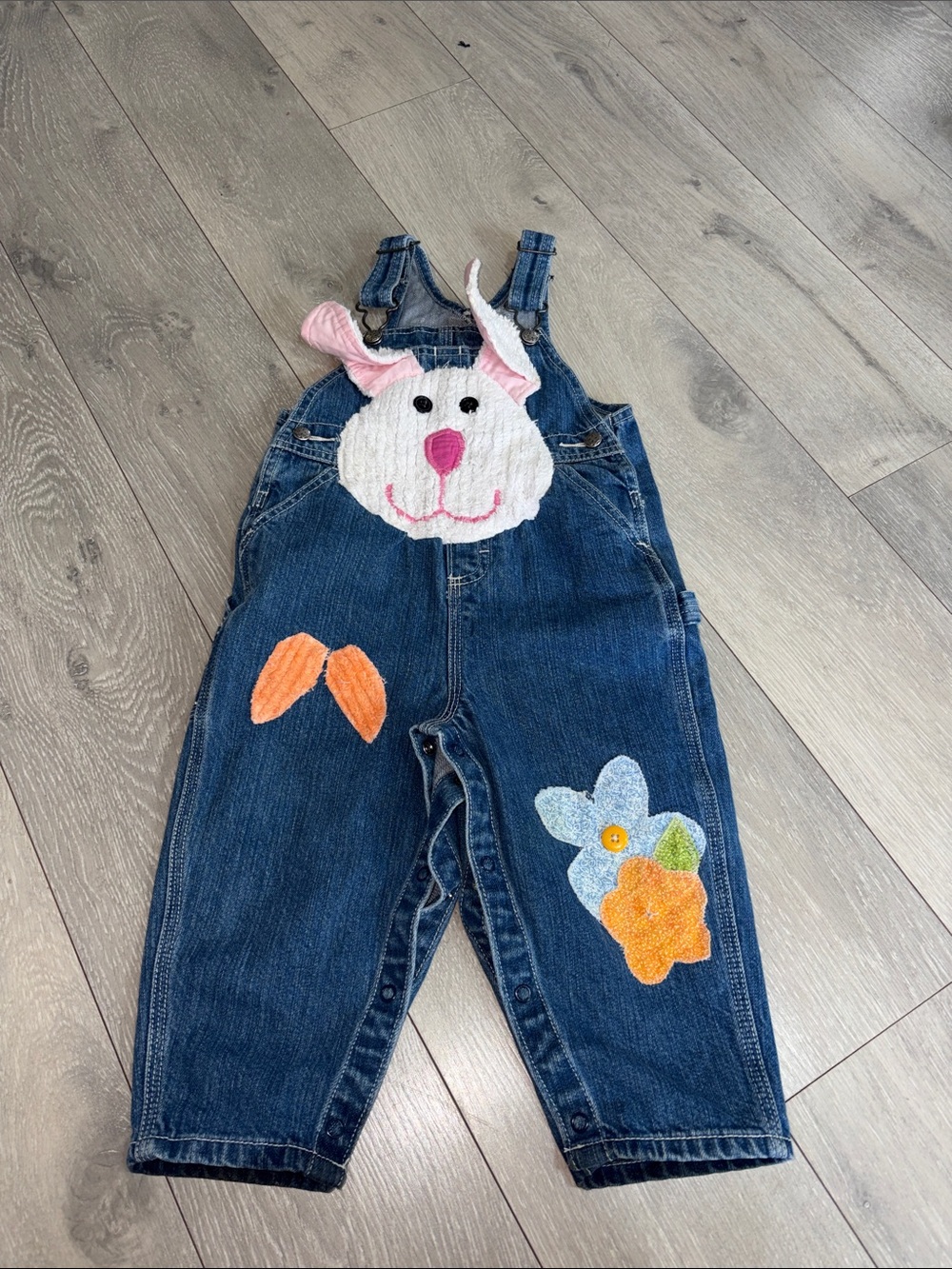 Kids Denim Overalls with Bunny Applique - Pink, Orange, Blue